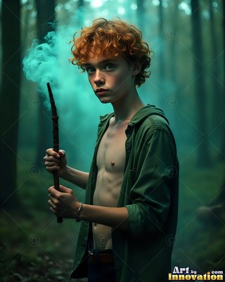 Standing in a dark forest, a young red-haired man cradles a smoking wand