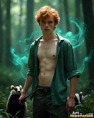 A shirtless man in his youth stands in the woods by badgers with green smoke around him