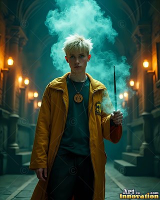 In a dim stone corridor, a young yellow-haired man grips a wand with green smoke