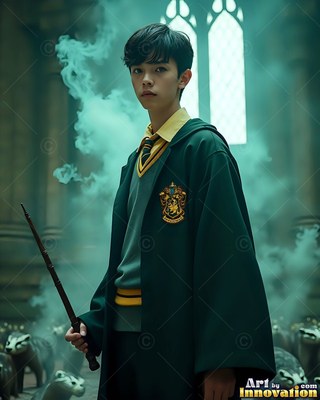 Holding a wooden wand, a younger man in green wizard robes stands near badgers in smoke