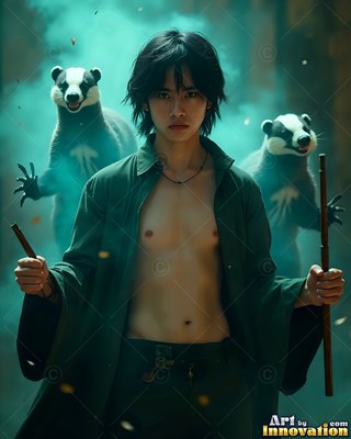 A youthful man with an open green robe stands before two badgers