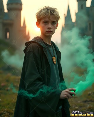 A dark hooded cloak covers a young man releasing green smoke by a castle