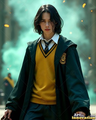 A young man in a dark green robe walks forward before pale green smoke and orange sparks