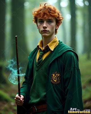 Facing forward in a green forest, a man in his youth holds a magic wand in green robes