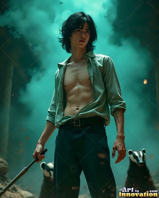 In green smoke, a youthful man in an open shirt stands with two badgers