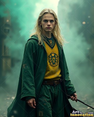 Holding a wand, a blond youthful man stands in a green robe and yellow vest in misty air