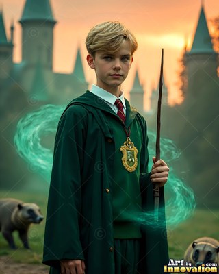 Young blond man in green robes holding a wand outside a castle near badgers