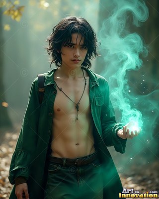 In an open green coat, a man grips bright green smoke in a leafy forest