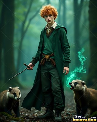 A red-haired young man stands with two badgers in a dim forest with green smoke