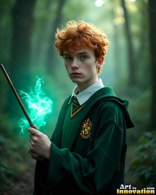 Turned sideways in the woods, a man in green robes holds up a wand with green light