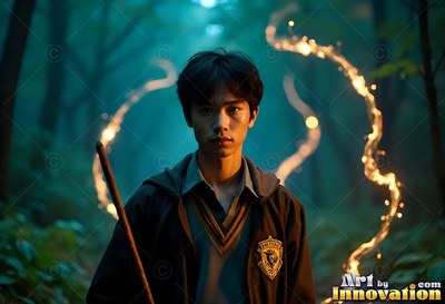 A youthful man in a school robe holds a wand near bright sparks in a dim forest