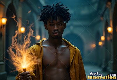 In a dim stone corridor, a bare-chested man holds a wand shooting orange fire