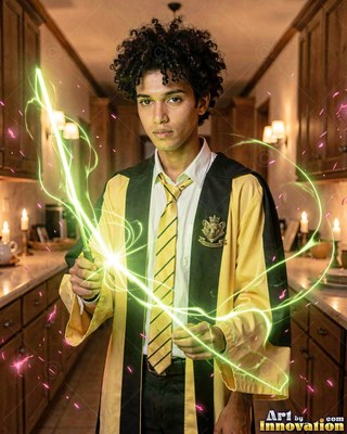 Holding a wand, a young man casts bright green light in a kitchen hallway