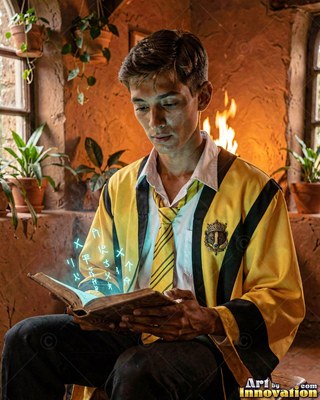 A youthful man in a yellow robe reads an open book with bright blue runes
