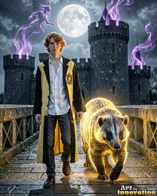 In a yellow and black robe, a man walks with a badger across a stone bridge by a castle