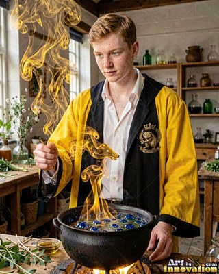 A man in yellow robes conjures a badger shape from rising smoke in daylight