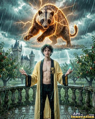 A young man in an open yellow robe summons a giant badger in the rain