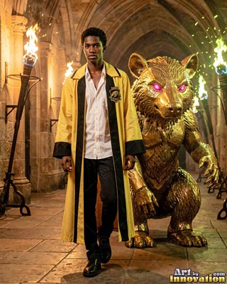 In a stone hall, a man in a yellow robe walks with a golden badger statue