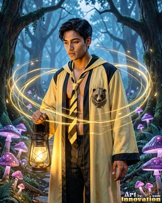 Holding a lantern, a man in his youth in an open yellow robe walks through a dark forest of purple mushrooms