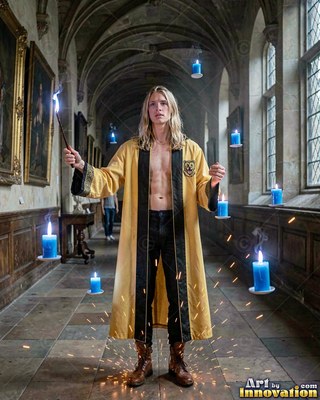A blond man in an open yellow robe stands among floating blue candles