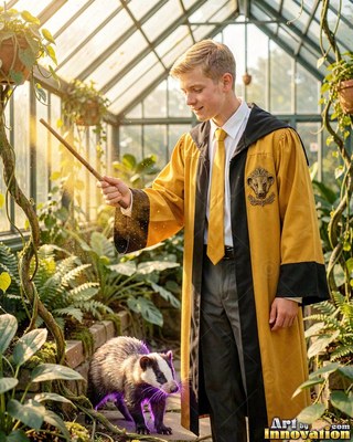 In a yellow and black robe, a young man points his wand at a small badger inside a greenhouse