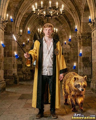 A young man clasps a lit wand beside a badger in a stone hall beneath blue candles