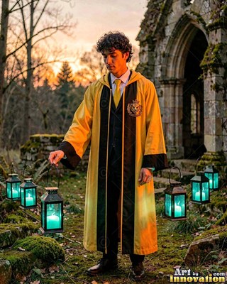 Standing outside stone ruins, a man in a yellow robe holds a lantern