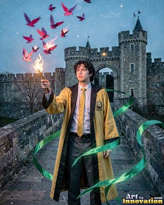 A young man in yellow robes holds a flaming wand on a castle bridge