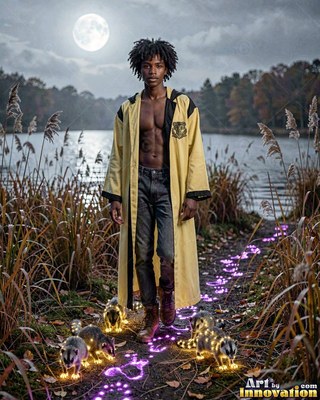 By a moonlit lake, a bare-chested man in a yellow robe stands with badgers