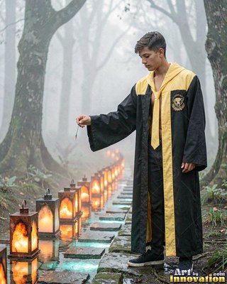 Young man in a black and yellow robe lighting lanterns in a misty forest