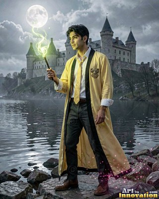 In a yellow robe, a youthful man raises a smoking wand by a rocky lake before a stone castle