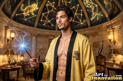 A man points a wand in a stone chamber as blue sparks flash from the tip