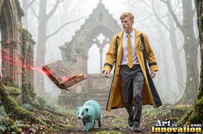 Walking through misty stone ruins, a fair-haired man in a yellow robe follows a small blue badger