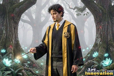 A youthful man in yellow robes points his wand at pale flowers in a misty forest