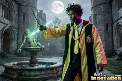 In a castle courtyard at night, a young man points a wand at a stone fountain