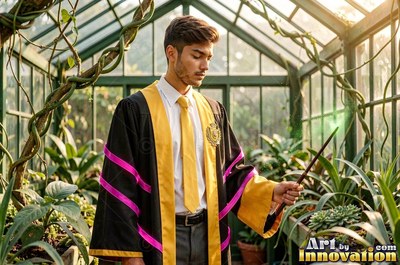 Holding a wand in a greenhouse, a man wears black and yellow robes