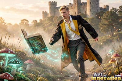A man in a black and yellow robe runs after a floating book