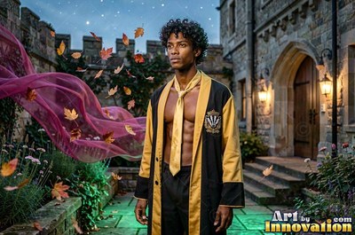A yellow tie on his bare chest, a young man in an open black robe stands in a stone courtyard