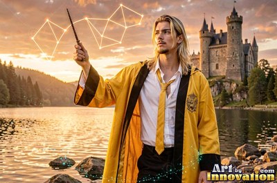 A yellow-haired man in a yellow robe raises his wand by a lake in orange sunset light