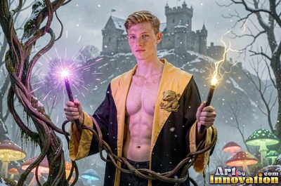 Standing before a snowy castle, a shirtless man clasps two sparkling wands