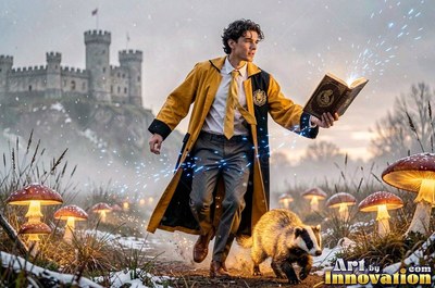 A man in a yellow coat walks with a badger while holding an open spellbook