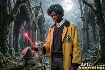 In ruined stone arches, a young man in a yellow coat points a red wand at a winged creature