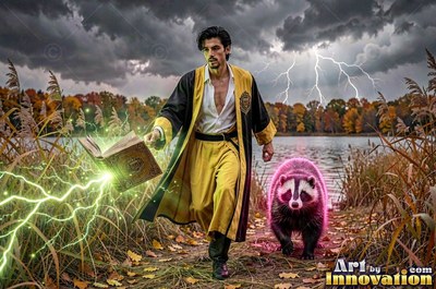 Walking by a lake, a man in a yellow robe casts green lightning from a book beside a badger