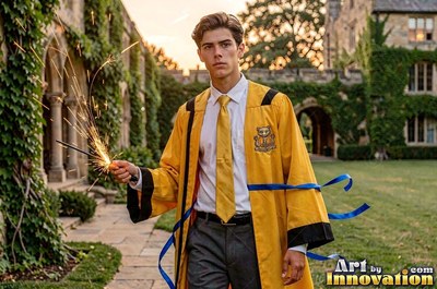 Wearing a yellow robe and gold tie, a younger man carries a sparking wand in a stone courtyard
