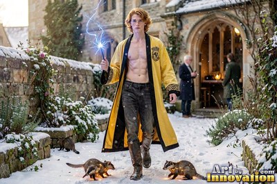 A shirtless man walks in the snow with badgers, wearing an open yellow robe under soft daylight