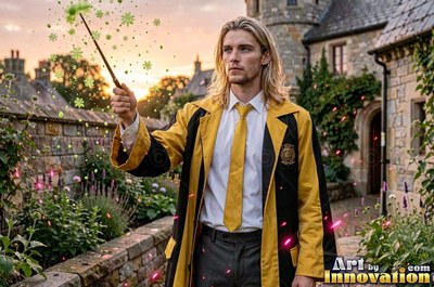 Facing forward in a stone courtyard, a yellow-haired man raises his wand in a yellow robe
