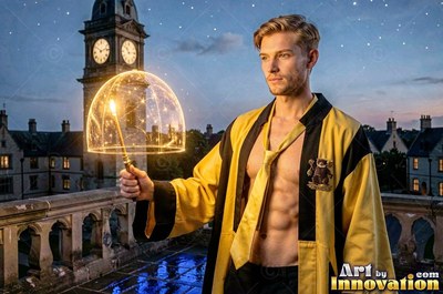 A shirtless fair-haired man in an open yellow robe holds a lighted wand on a castle roof