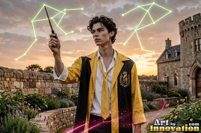 In a castle garden, a young man raises a wand beneath green line constellations