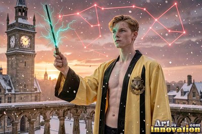 Holding a sparking wand, a blond man in an open yellow robe stands on a castle balcony