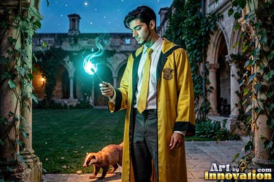 A man in a yellow robe holds a lit wand near a badger